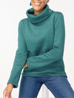 J. Crew Green Herringbone Funnel Neck Pullover Sweatshirt Fleece